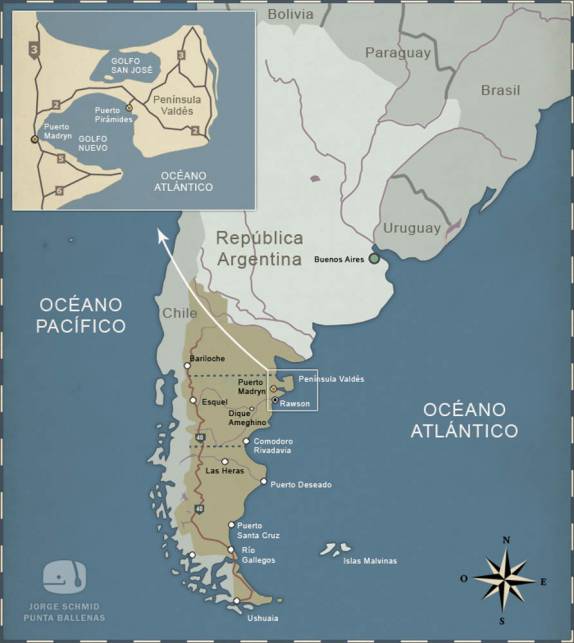 Mapa mostrando a localização da Península Valdés na Argentina, já dentro da região patagônica (em marrom)